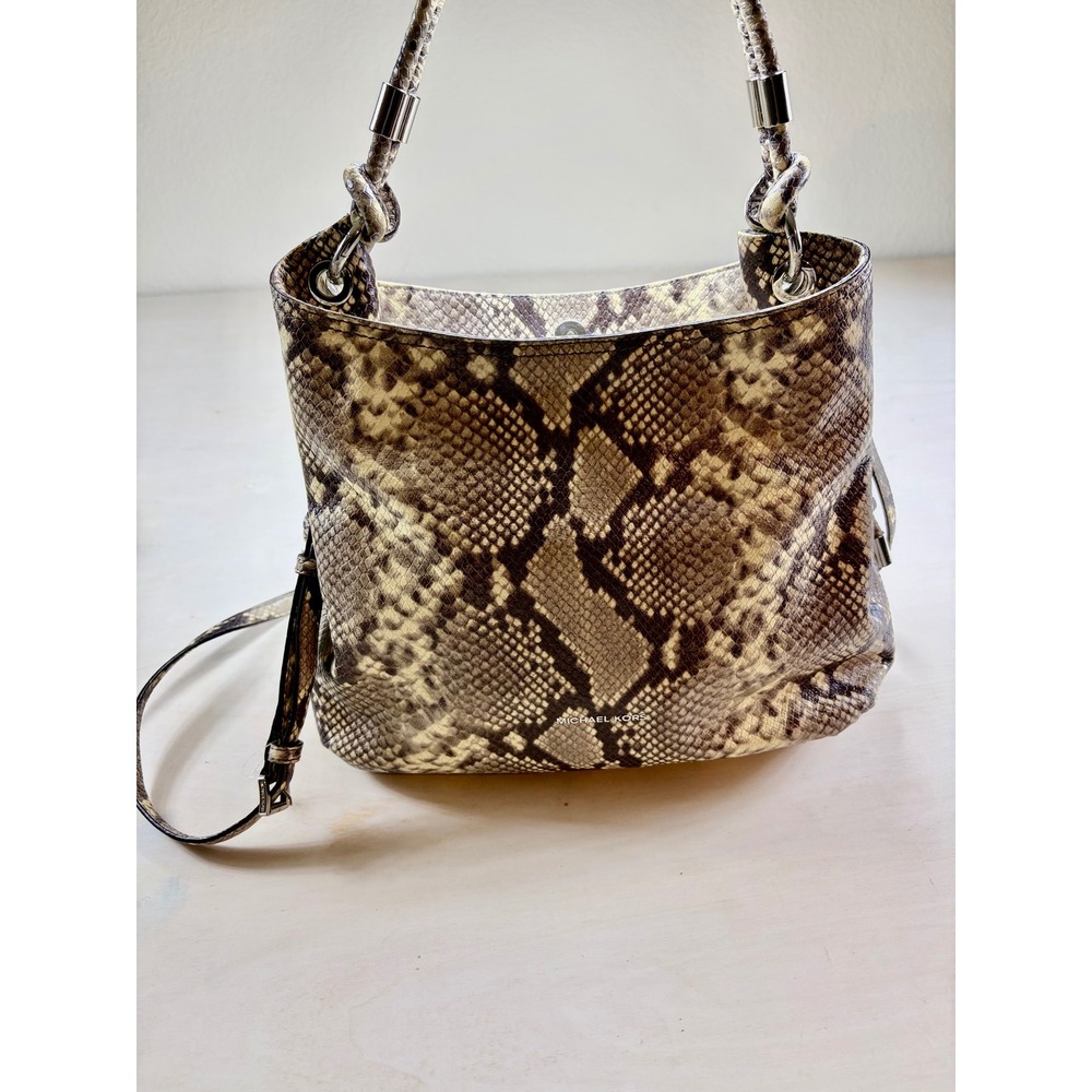 Michael‎ Kors Snakeskin Embossed Leather Shoulder Bag Grey Beige Hobo